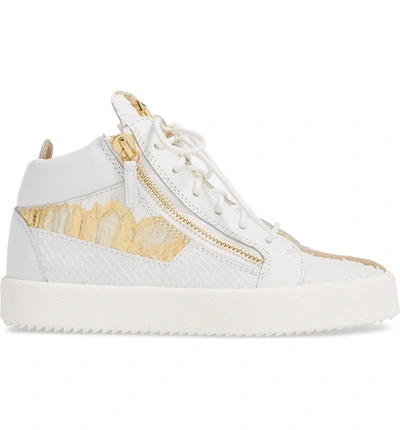 Shop Giuseppe Zanotti May London Mid Top Sneaker In White/neon Yellow