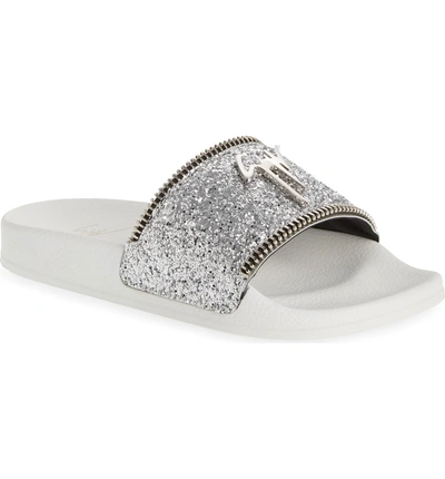 Shop Giuseppe Zanotti Glitter Logo Slide Sandal In Silver Glitter