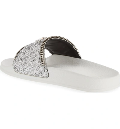 Shop Giuseppe Zanotti Glitter Logo Slide Sandal In Silver Glitter