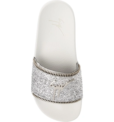 Shop Giuseppe Zanotti Glitter Logo Slide Sandal In Silver Glitter