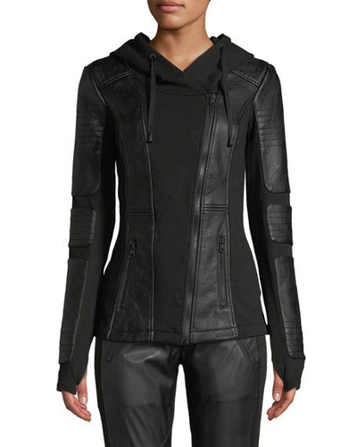 Shop Blanc Noir Asymmetrical Hooded Terry Moto Jacket In Black