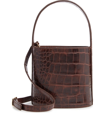 Shop Staud Bissett Croc Embossed Leather Bucket Bag In Brown