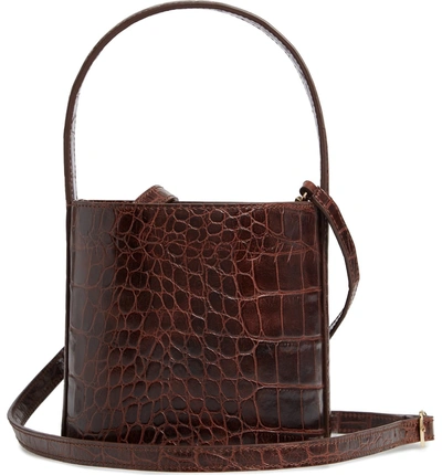 Shop Staud Bissett Croc Embossed Leather Bucket Bag In Brown