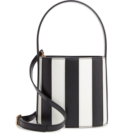 Shop Staud Bissett Stripe Leather Bucket Bag - Black In Black White Stripe