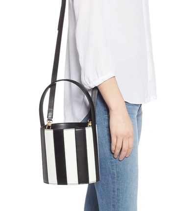 Shop Staud Bissett Stripe Leather Bucket Bag - Black In Black White Stripe