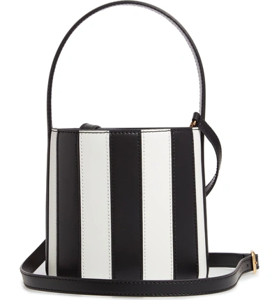 Shop Staud Bissett Stripe Leather Bucket Bag - Black In Black White Stripe