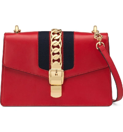 Shop Gucci Sylvie Leather Crossbody Strap - Red In Hibiscus Red