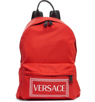 Shop Versace Logo Nylon Backpack - Red In Red/ White