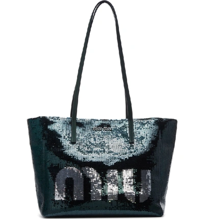 Shop Miu Miu Sequin Logo Tote - None In Smeraldo/ Argento
