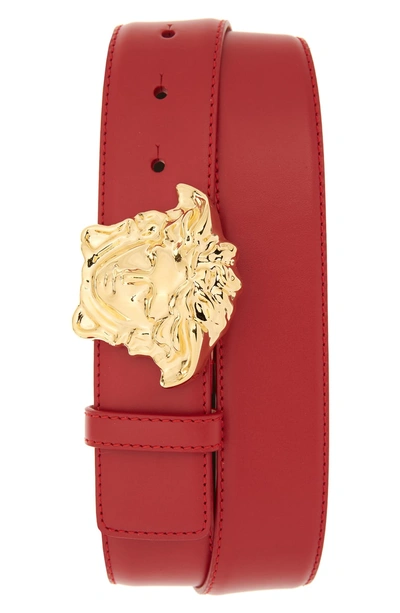 Shop Versace Medusa Head Leather Belt In Geranium Warm Gold