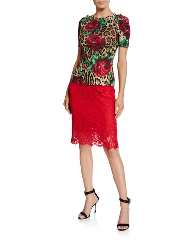 Shop Dolce & Gabbana Cordonetto Lace Pencil Skirt In Red