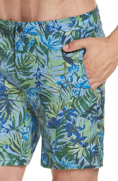 Shop Onia Calder Tropics Print Swim Trunks In Washed Denim