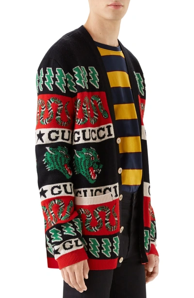 Shop Gucci Logo Wool Cardigan In Black Multi