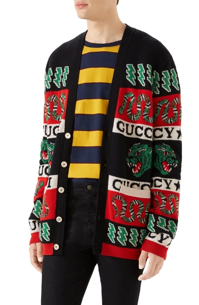Shop Gucci Logo Wool Cardigan In Black Multi