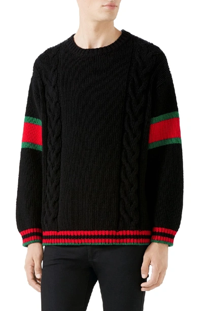 Shop Gucci Web Stripe Cable Knit Wool Sweater In Black Multi