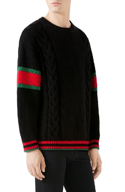 Shop Gucci Web Stripe Cable Knit Wool Sweater In Black Multi