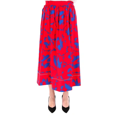 Shop Marni Floral Printed Midi Skirt In Red