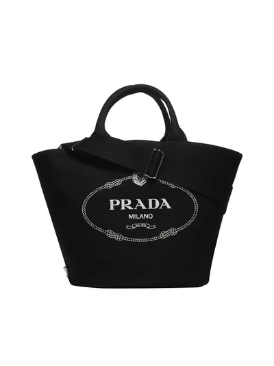 Shop Prada Fabric Milano Logo Tote Bag In Black