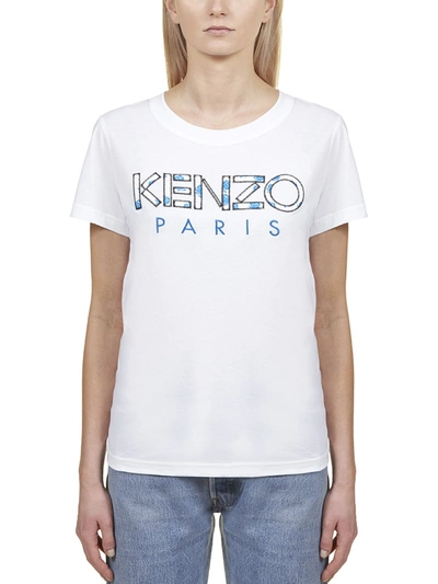 Shop Kenzo Logo Printed T-shirt In Bianco Azzurro