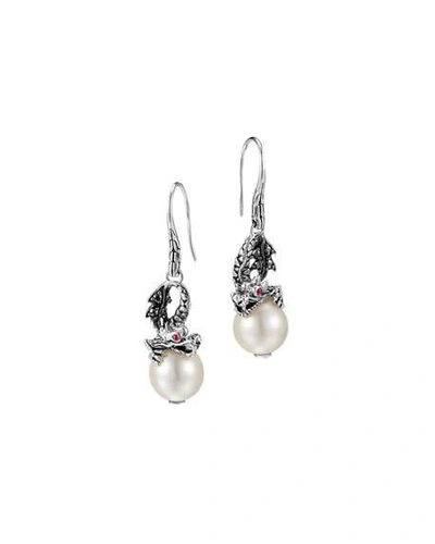 Shop John Hardy Naga Silver Dragon Drop Earrings With Pearl & Black Sapphire In Fresh Water Pearl