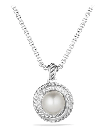 Shop David Yurman Pearl Crossover Pendant With Diamonds On Chain In Pearl & Diamonds