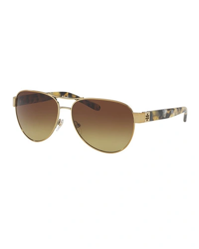 Shop Tory Burch Gradient Contrast-arm Aviator Sunglasses, Tortoise/gold In Brown