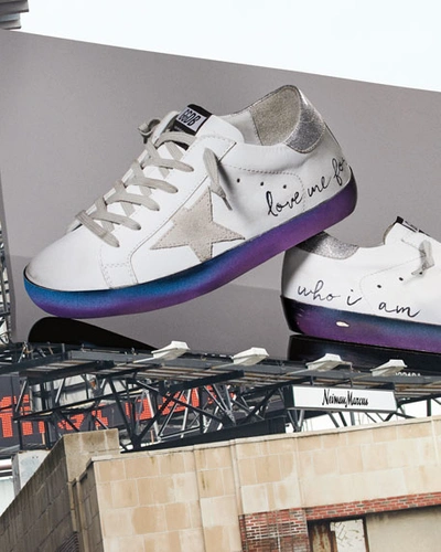 Shop Golden Goose Superstar "love Me For" Leather Low-top Sneakers With Suede Star In White/silver/navy