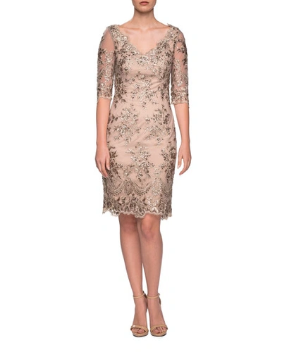 Shop La Femme V-neck Sheer Half-sleeve Embroidered Sheath Dress In Champagne