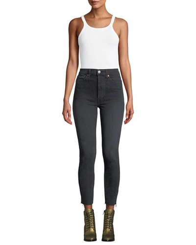 Shop Re/done High-rise Skinny Frayed Ankle Jeans In Black
