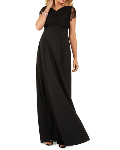 Shop Tiffany Rose Maternity Eleanor Short-sleeve Matte Crepe Satin Gown With Lace In Black