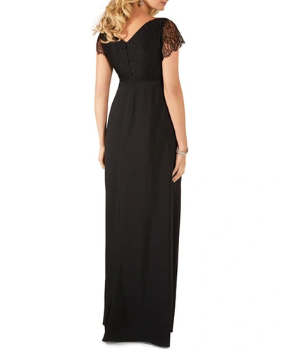 Shop Tiffany Rose Maternity Eleanor Short-sleeve Matte Crepe Satin Gown With Lace In Black