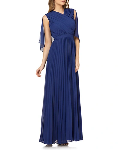 Shop Kay Unger Pleated Chiffon Gown W/ Capelet In Navy