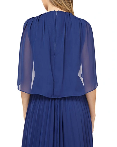 Shop Kay Unger Pleated Chiffon Gown W/ Capelet In Navy