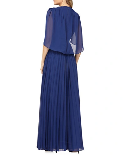 Shop Kay Unger Pleated Chiffon Gown W/ Capelet In Navy