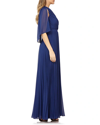 Shop Kay Unger Pleated Chiffon Gown W/ Capelet In Navy