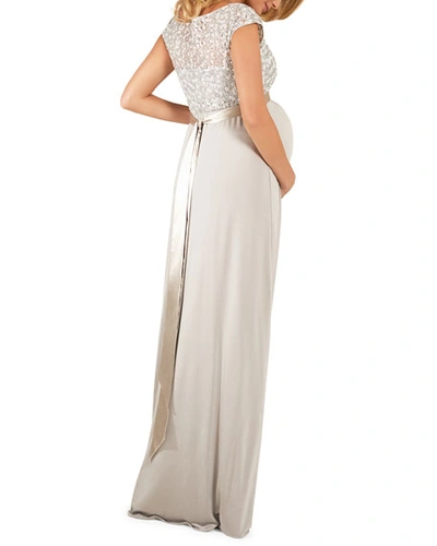 Shop Tiffany Rose Maternity Mia Cap-sleeve Gown With Sequin Bodice & Full-length Skirt In Silver