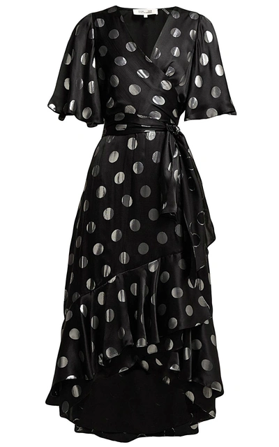 Shop Diane Von Furstenberg Sareth Polka-dot Silk-blend Wrap Dress In Nero