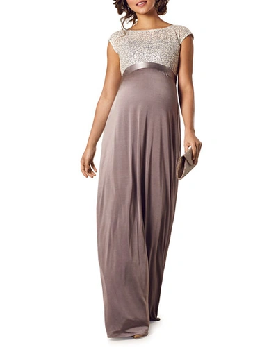 Shop Tiffany Rose Maternity Mia Cap-sleeve Gown With Sequin Bodice & Full-length Skirt In Taupe