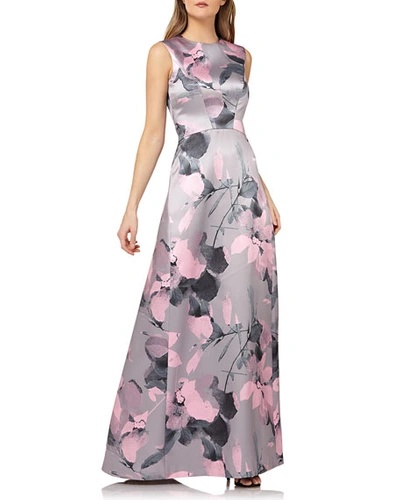 Shop Kay Unger Sleeveless Floral-print Mikado Gown In Pinkgrey