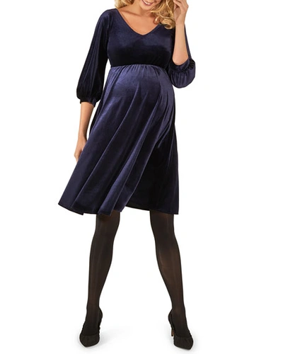 Shop Tiffany Rose Maternity Roxie V-neck Bishop-sleeve Velvet Dress In Blue