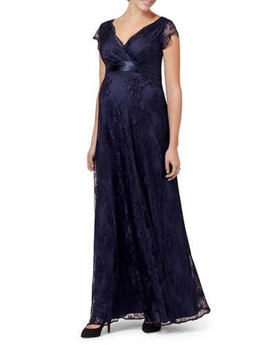 Shop Tiffany Rose Maternity Eden Long Floral-lace Gown With Satin Sash In Blue