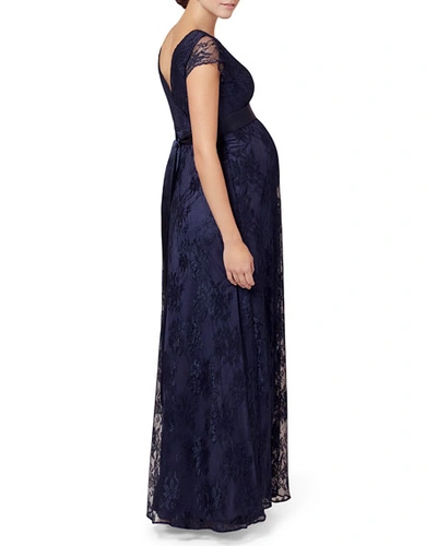 Shop Tiffany Rose Maternity Eden Long Floral-lace Gown With Satin Sash In Blue