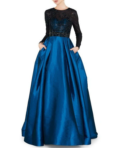 Shop Mac Duggal Sequin Embellished High-neck Illusion Long-sleeve Taffeta Ball Gown In Teal