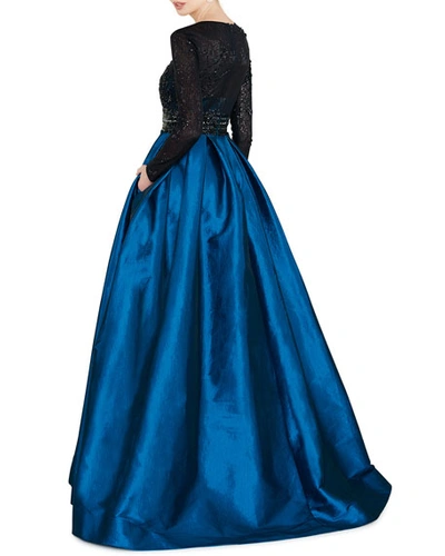 Shop Mac Duggal Sequin Embellished High-neck Illusion Long-sleeve Taffeta Ball Gown In Teal