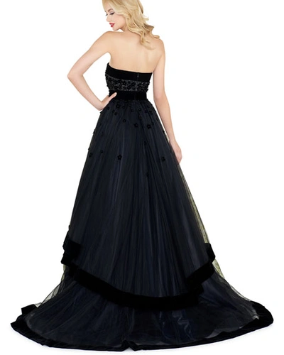 Shop Mac Duggal Strapless Tiered Gown With Velvet Trim & Floral Appliques In Black