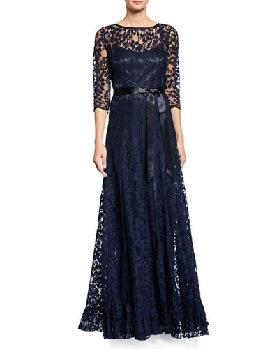 Shop Rickie Freeman For Teri Jon 3/4-sleeve Lace Overlay Gown In Navy
