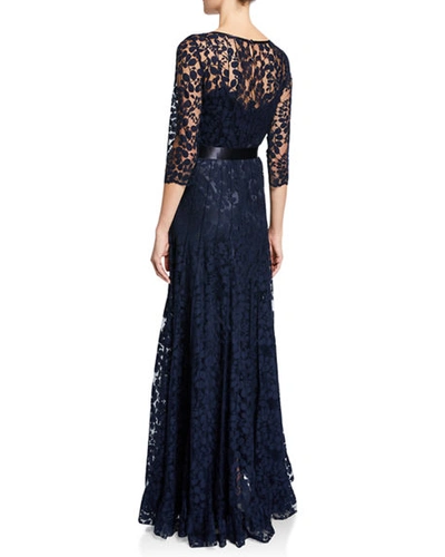 Rickie Freeman For Teri Jon 3/4-sleeve Lace Overlay Gown In Navy