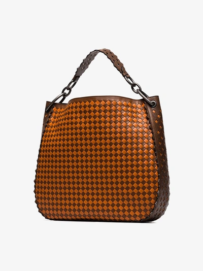 Shop Bottega Veneta Orange And Brown Woven Leather Tote Bag In Orange/brown