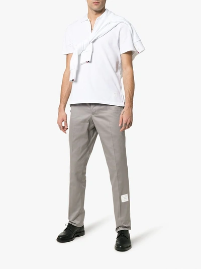 Shop Thom Browne Grey Logo Patch Cotton Chino Trousers In 035 Grey