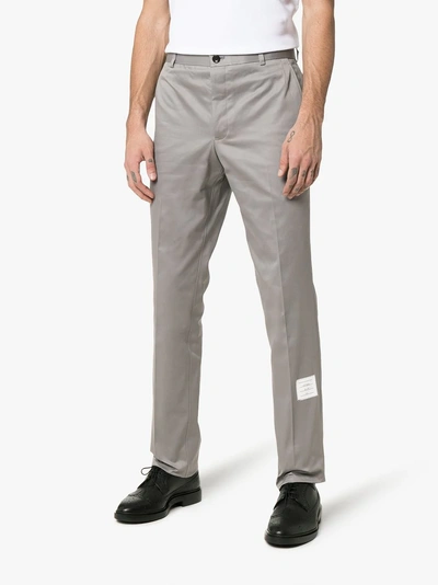 Shop Thom Browne Grey Logo Patch Cotton Chino Trousers In 035 Grey
